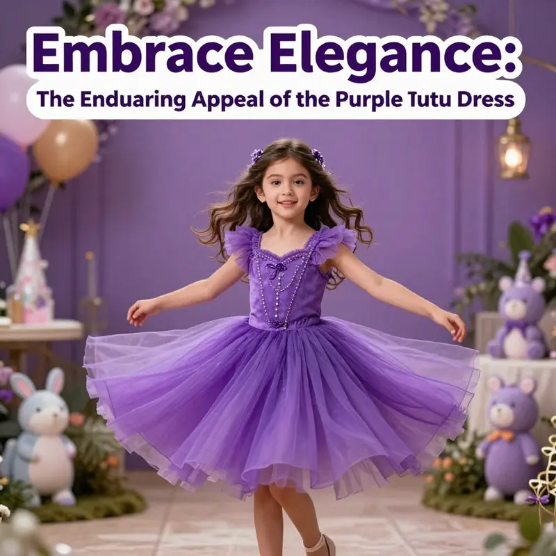 A joyful child twirling in a purple tutu dress amidst whimsical and colorful decor.