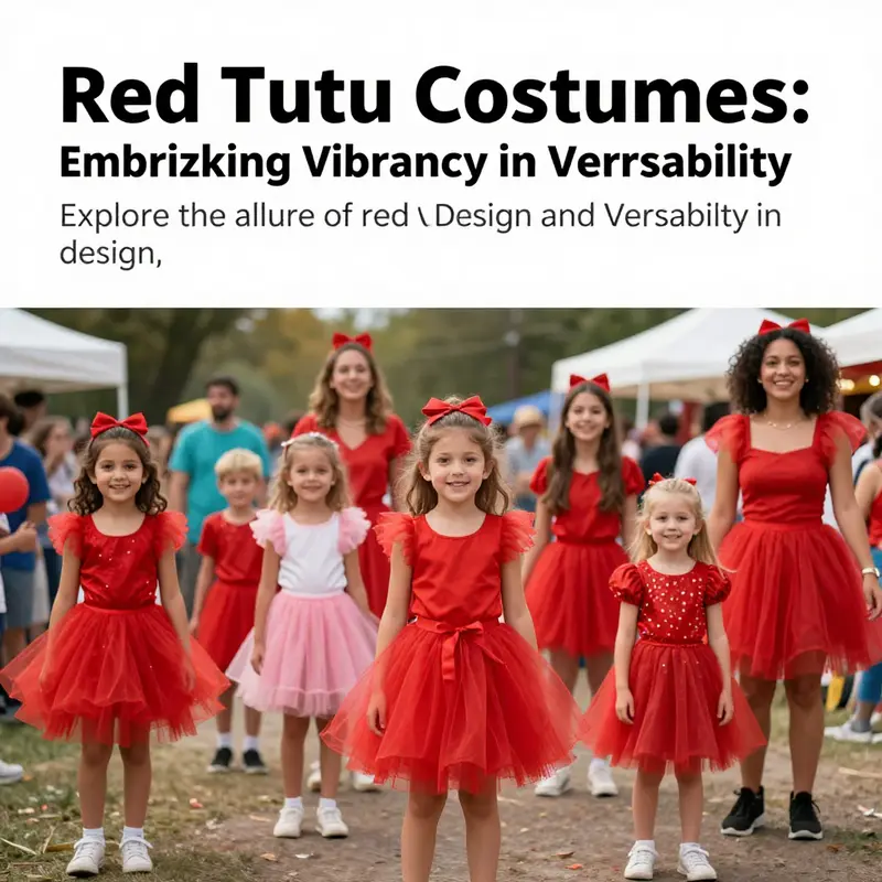 Children and adults dressed in vibrant red tutu costumes, celebrating in a festive atmosphere.