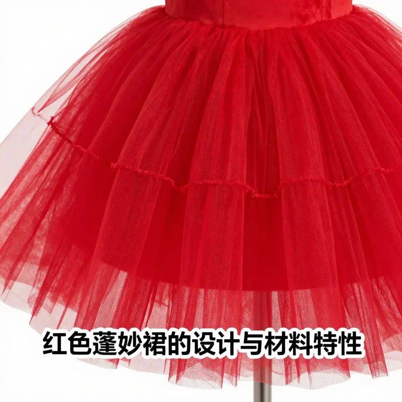 Detailed view of the layers and texture of a red tutu skirt, highlighting its light and ethereal quality.