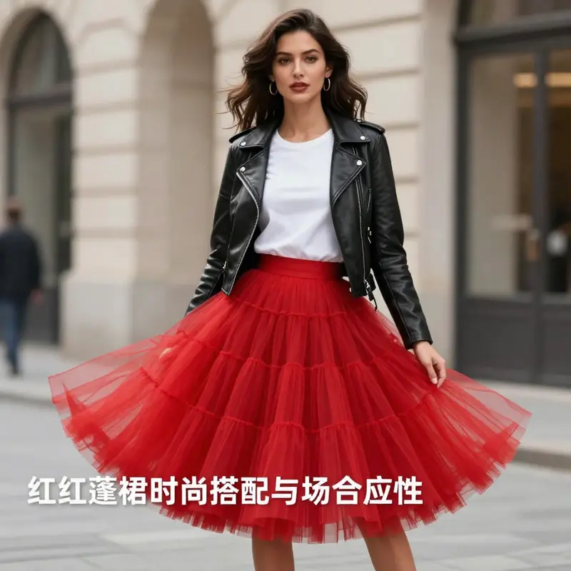 Detailed view of the layers and texture of a red tutu skirt, highlighting its light and ethereal quality.