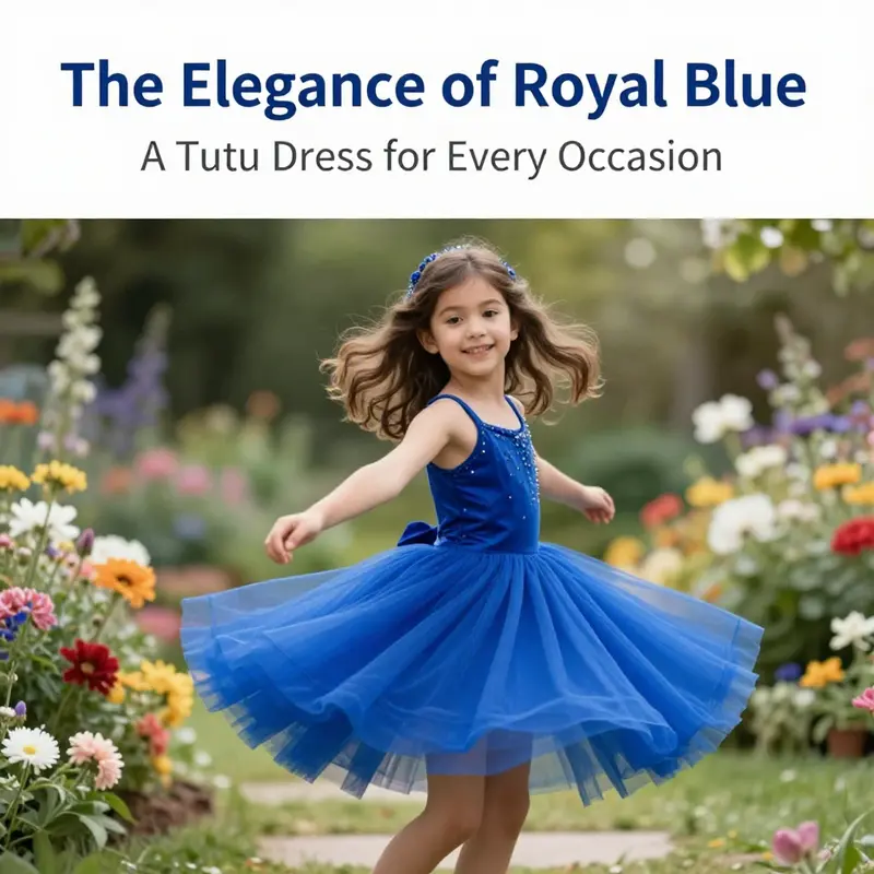 A young girl in a royal blue tutu dress joyfully twirling in a colorful garden full of blooming flowers.