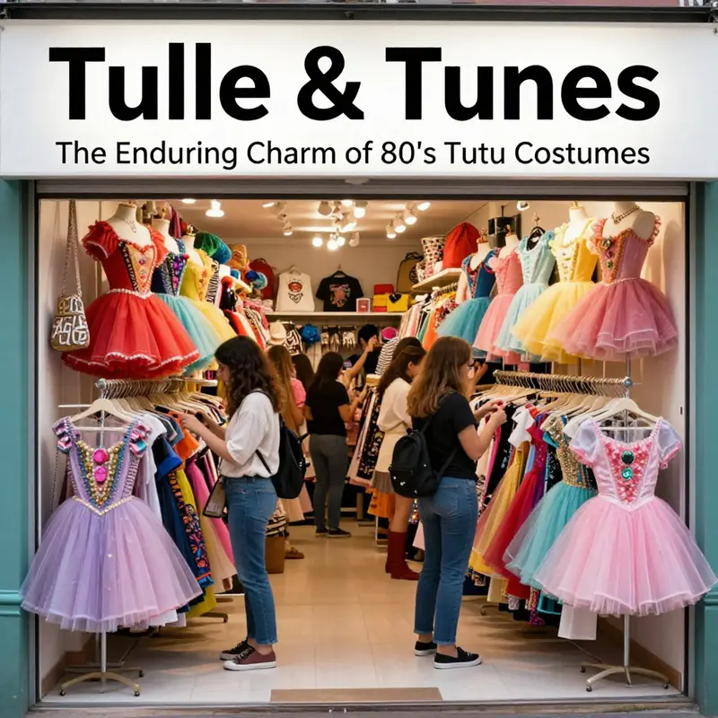 A vibrant collection of 80’s tutu costumes reflecting the decade’s diverse cultural influences.