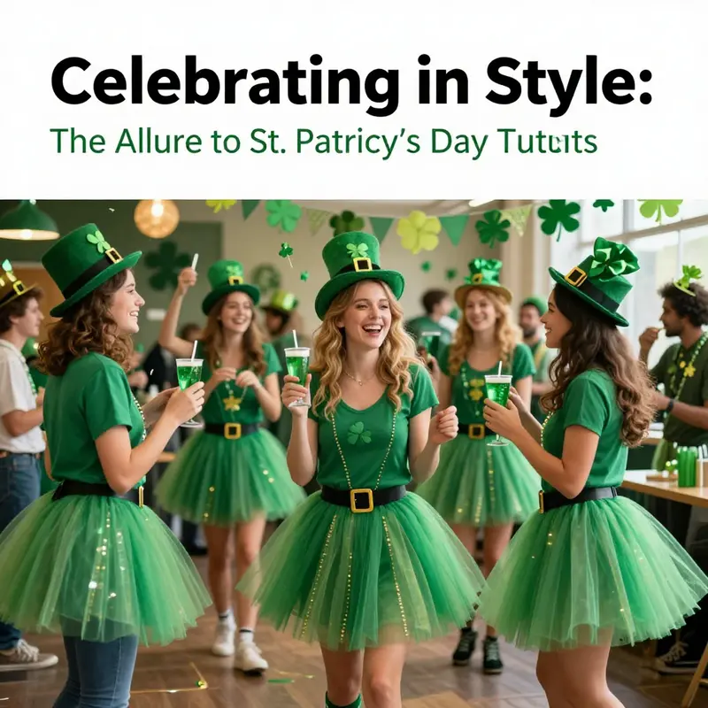 A lively group of people celebrating St. Patrick's Day in colorful tutus, highlighting the festive atmosphere.