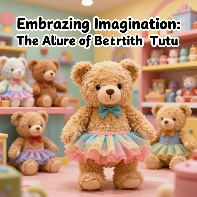 A collection of toys showcasing the enchanting charm of teddy bears dressed in tutus within a colorful toy store.
