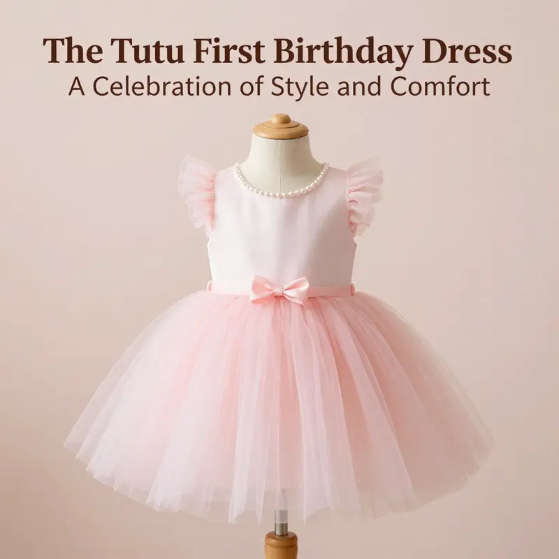 Pastel-colored tutu first birthday dress elegantly displayed on a mannequin in a soft setting.