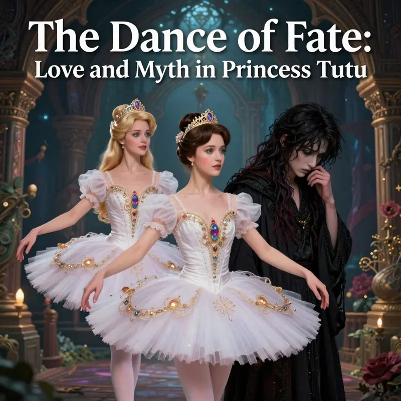 Princess Tutu and Mytho share a poignant moment, embodying their tragic love and the intertwining fates they navigate.