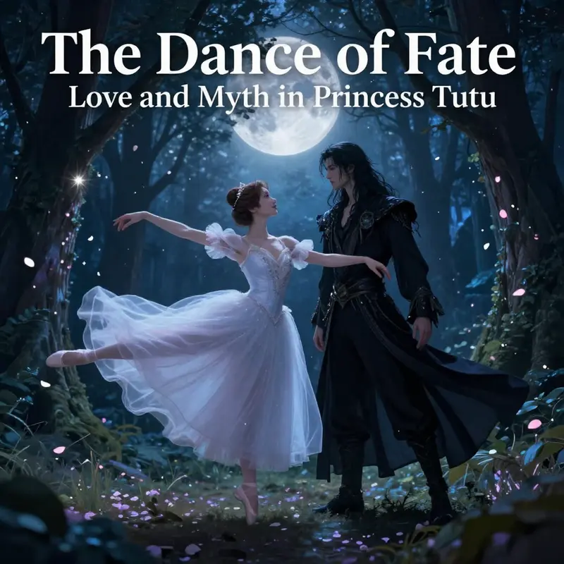 Princess Tutu and Mytho share a poignant moment, embodying their tragic love and the intertwining fates they navigate.