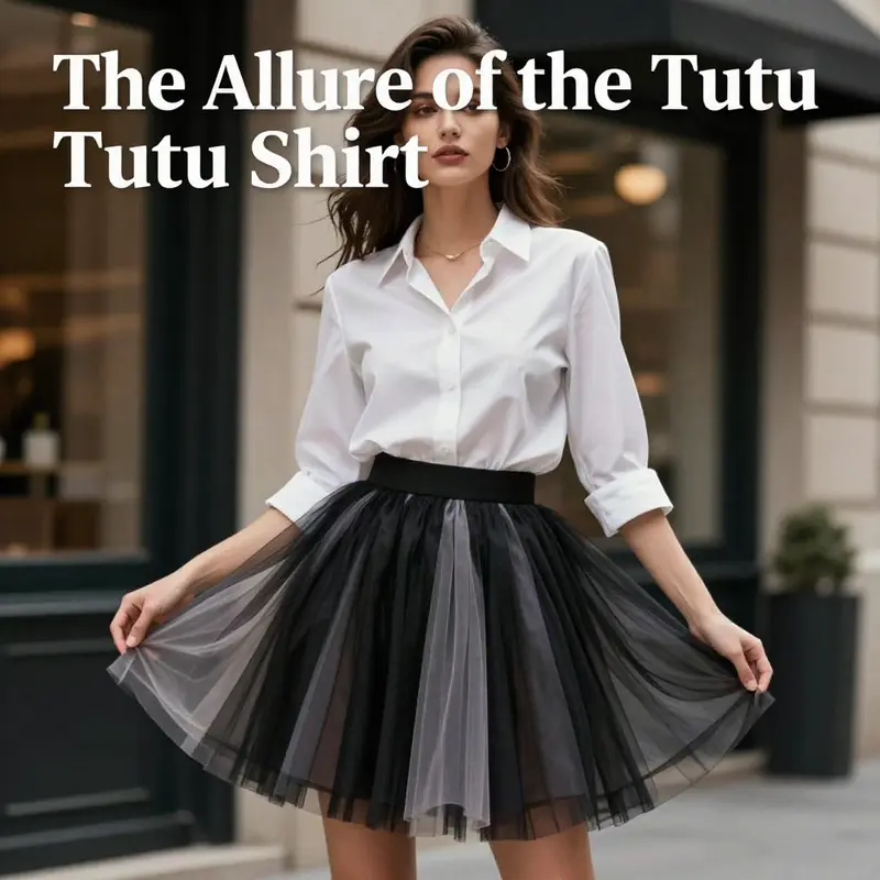 A fashionable model wearing a tutu skirt paired with a shirt in an urban setting, visually representing the trend of tutu shirts.