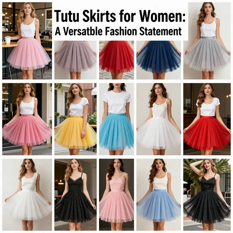 A collage of women representing different styles and occasions in tutu skirts, highlighting the garment's versatility.