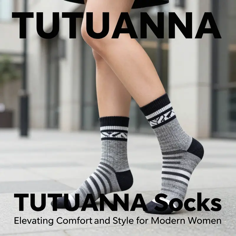 An image showing a young woman wearing TUTUANNA socks, illustrating style and comfort in a contemporary setting.