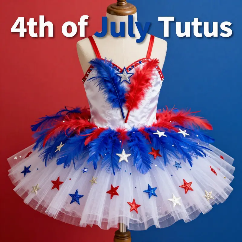 A young girl celebrates Independence Day in a festive red, white, and blue tutu.