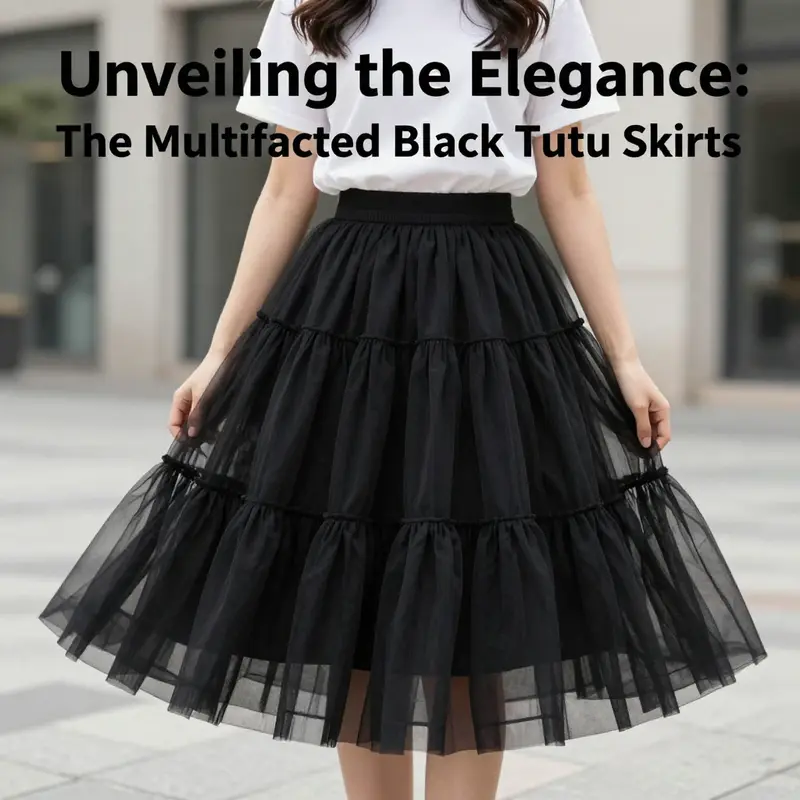 A stylish woman demonstrates the versatile styling of a black tutu skirt suitable for various occasions.