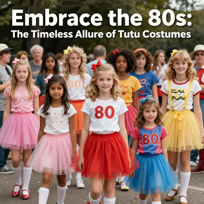 A lively ensemble of friends celebrating the vibrant 80s fashion, captured in their eye-catching tutu costumes.