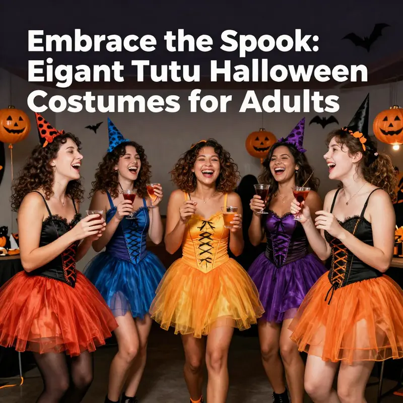 A colorful array of adult tutu Halloween costumes illustrating various styles and themes.