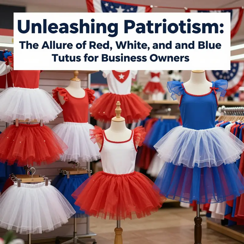 A display of various red, white, and blue tutus in a store, surrounded by patriotic decorations.