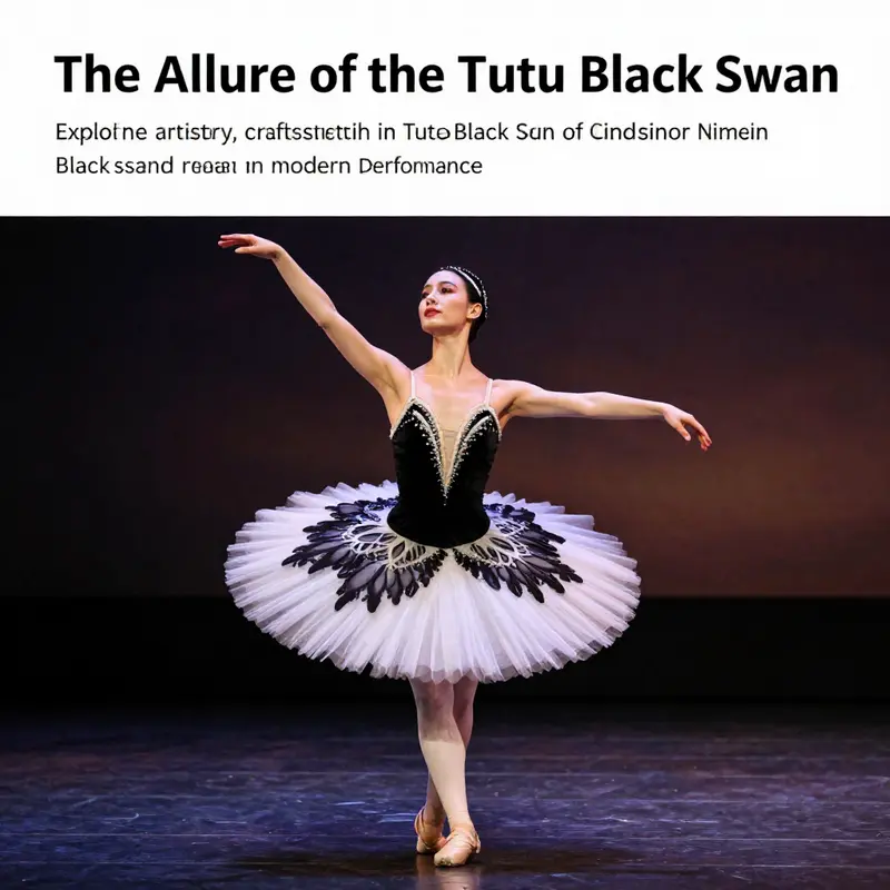 A black swan tutu displayed dramatically on stage, showcasing its intricate craftsmanship and appeal.