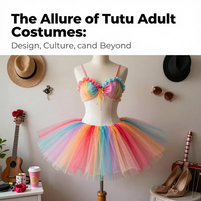 A mannequin displayed in a colorful tutu costume with accessories, capturing the essence of tutu adult costumes.