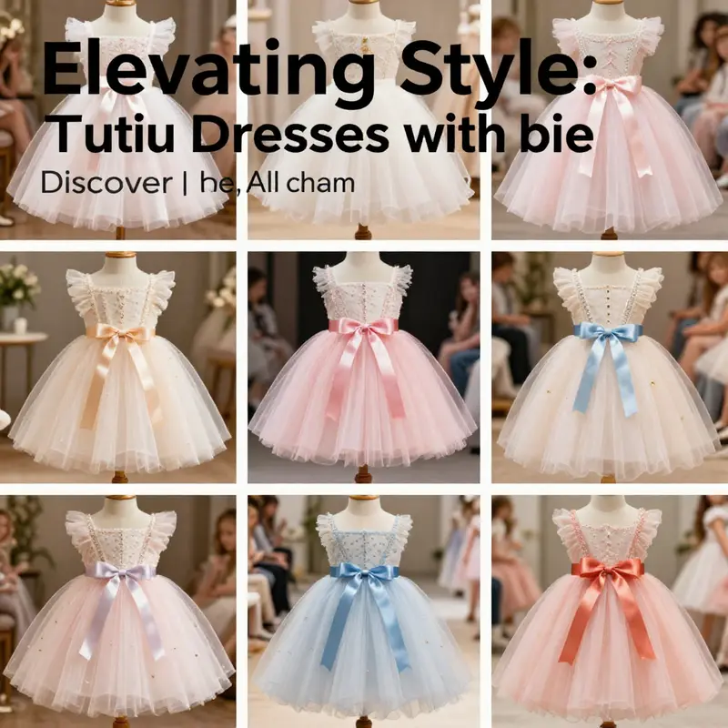 A colorful fashion display of tutu dresses with ribbons at a children's fashion show.