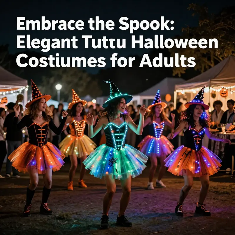A colorful array of adult tutu Halloween costumes illustrating various styles and themes.