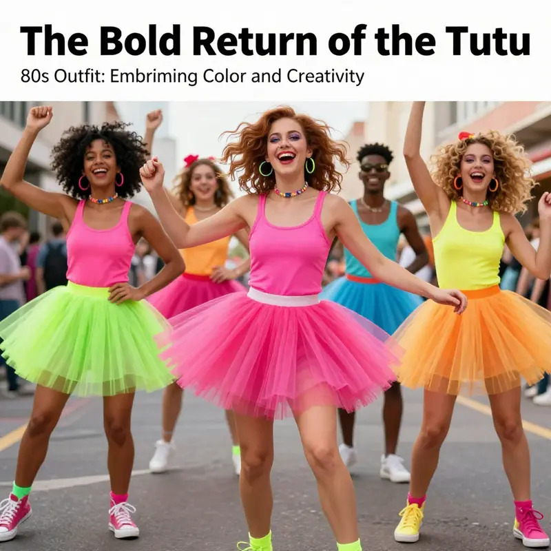 An energetic group of people in colorful tutu outfits capturing the essence of the 80s fashion revival.