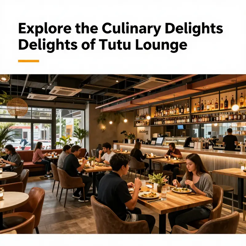Exterior and interior view of Tutu Lounge exhibiting a lively dining environment with attentive guests.