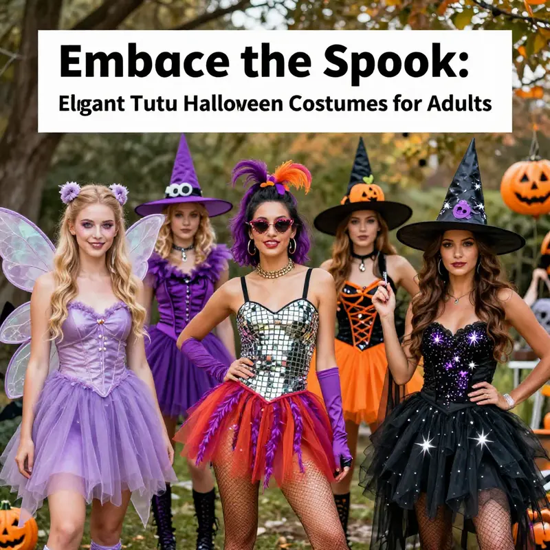 A colorful array of adult tutu Halloween costumes illustrating various styles and themes.