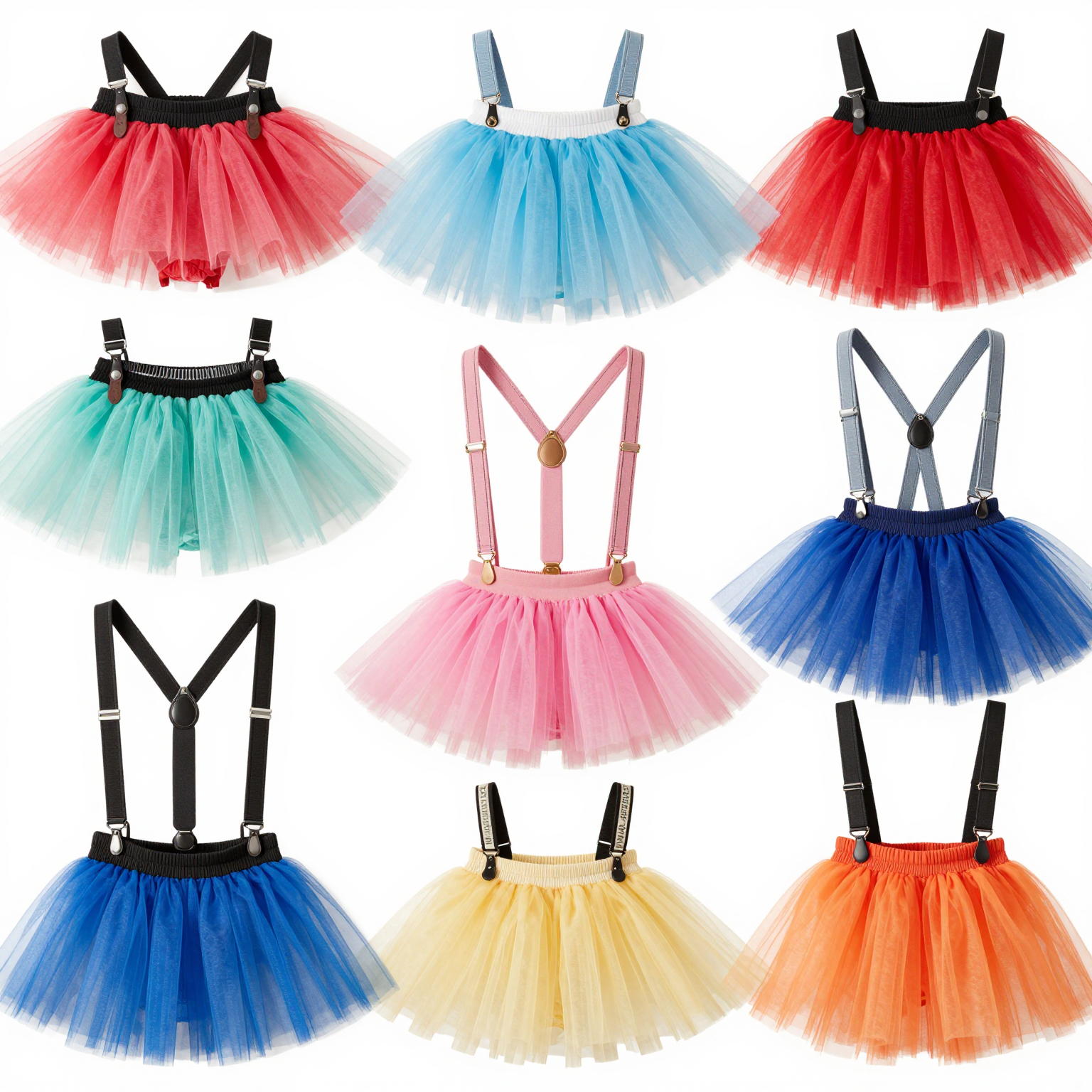 A collection of various tutu suspenders