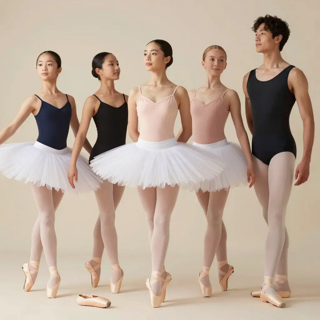 A variety of premium balletwear, including tutus, leotards, and ballet accessories, highlighting comfort and style.