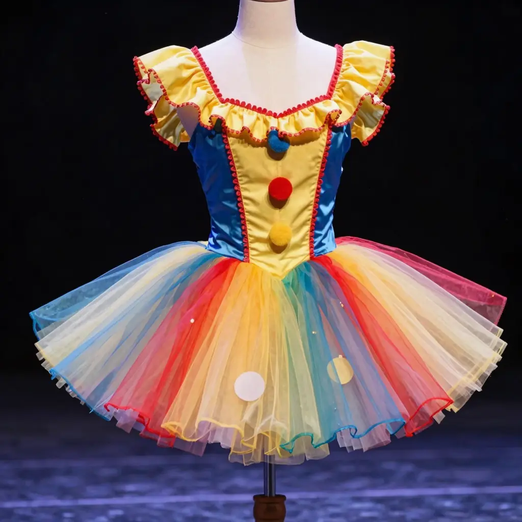 Colorful clown tutu displayed on a dance stage, showcasing its vibrant fabric and design.