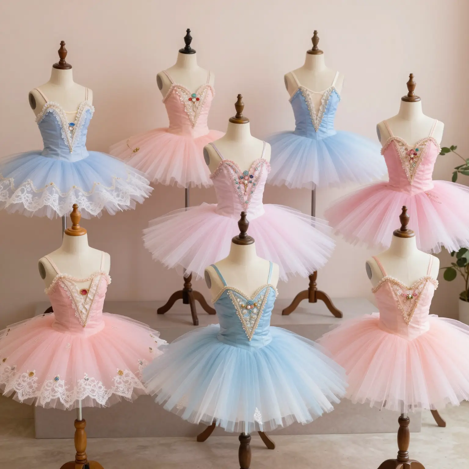 A collection of various doll tutus showcased