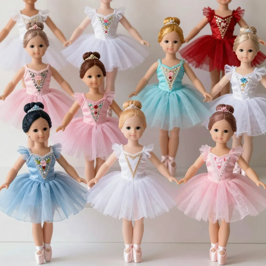 A colorful display of various stylish doll tutus in different fabrics and colors