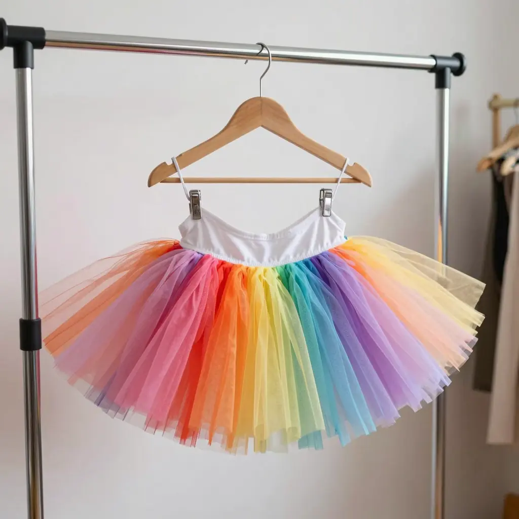 A well-maintained fluffy tutu displayed on a clothing rack in a bright, inviting studio.