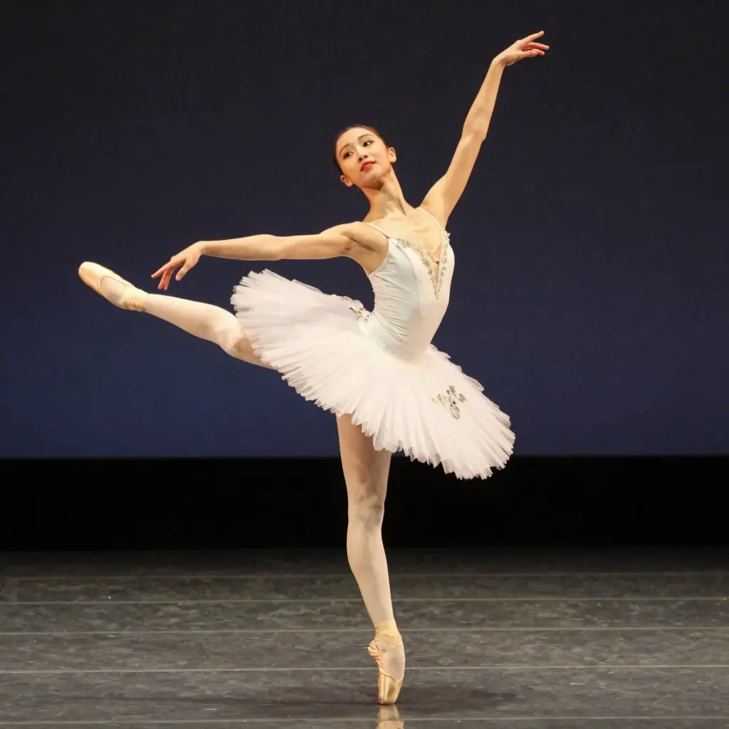 A ballet dancer wearing a tutu and leggings in a graceful pose on stage, emphasizing the importance of proper dancewear in performance.