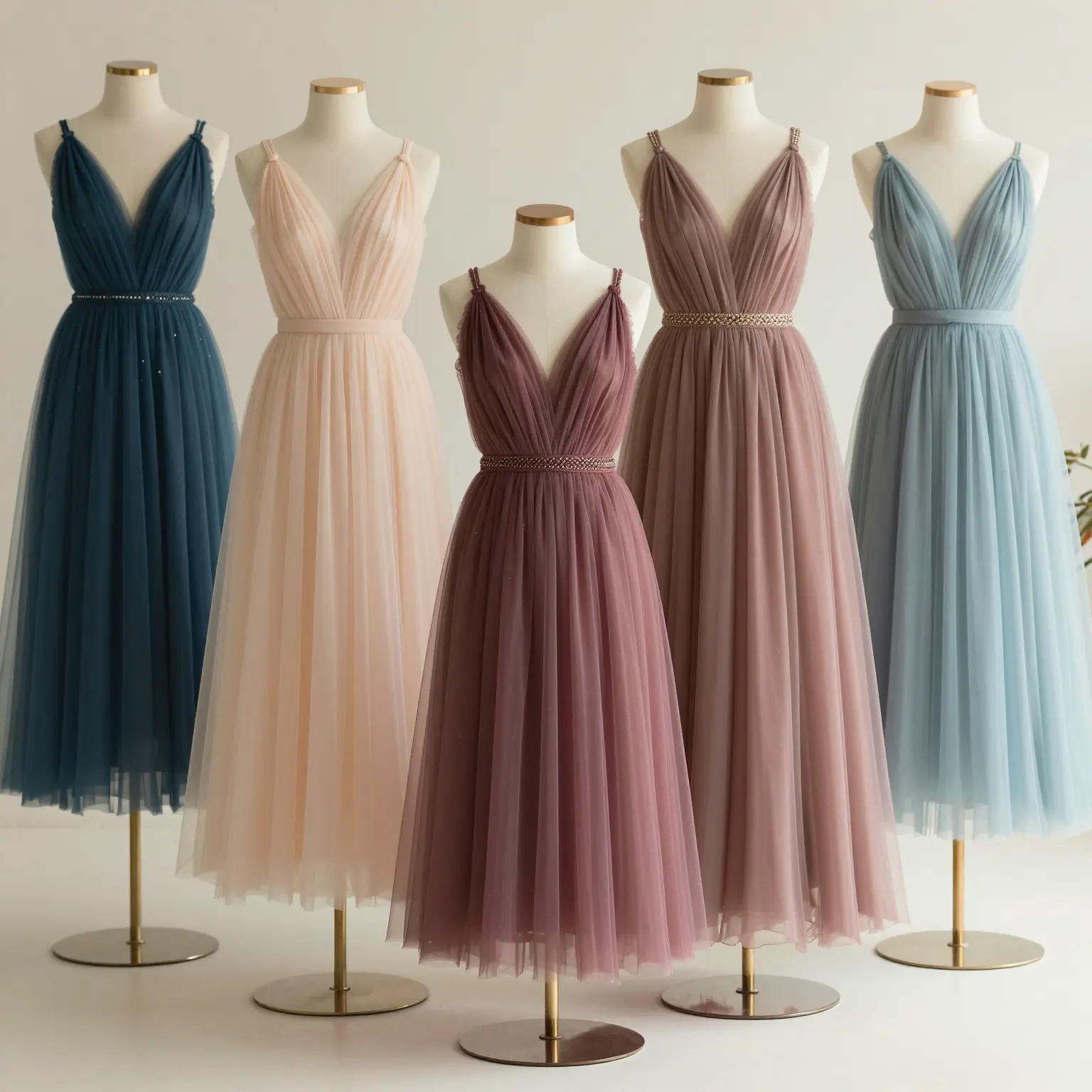 A visually appealing showcase of a variety of long tutu dresses suitable for adults.