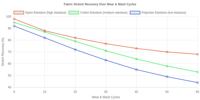 Line chart showing how fabric stretch recovery percentage declines over wear and wash cycles across three fabric blends