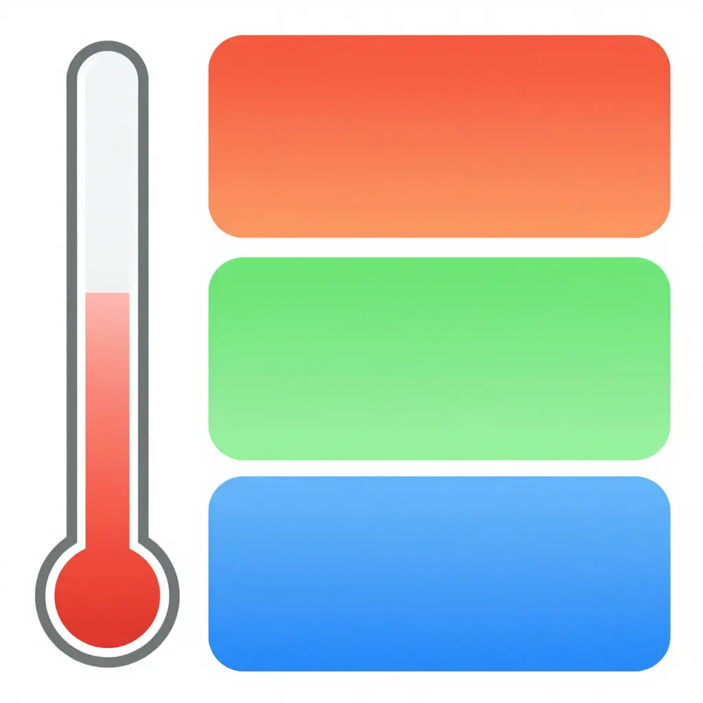 Flat two-dimensional diagram showing three washing temperature zones for ballet leotards and tights: a cool blue zone, a lukewarm green safe zone, and a hot red danger zone, with a simple thermometer gauge and clear colour-block boundaries