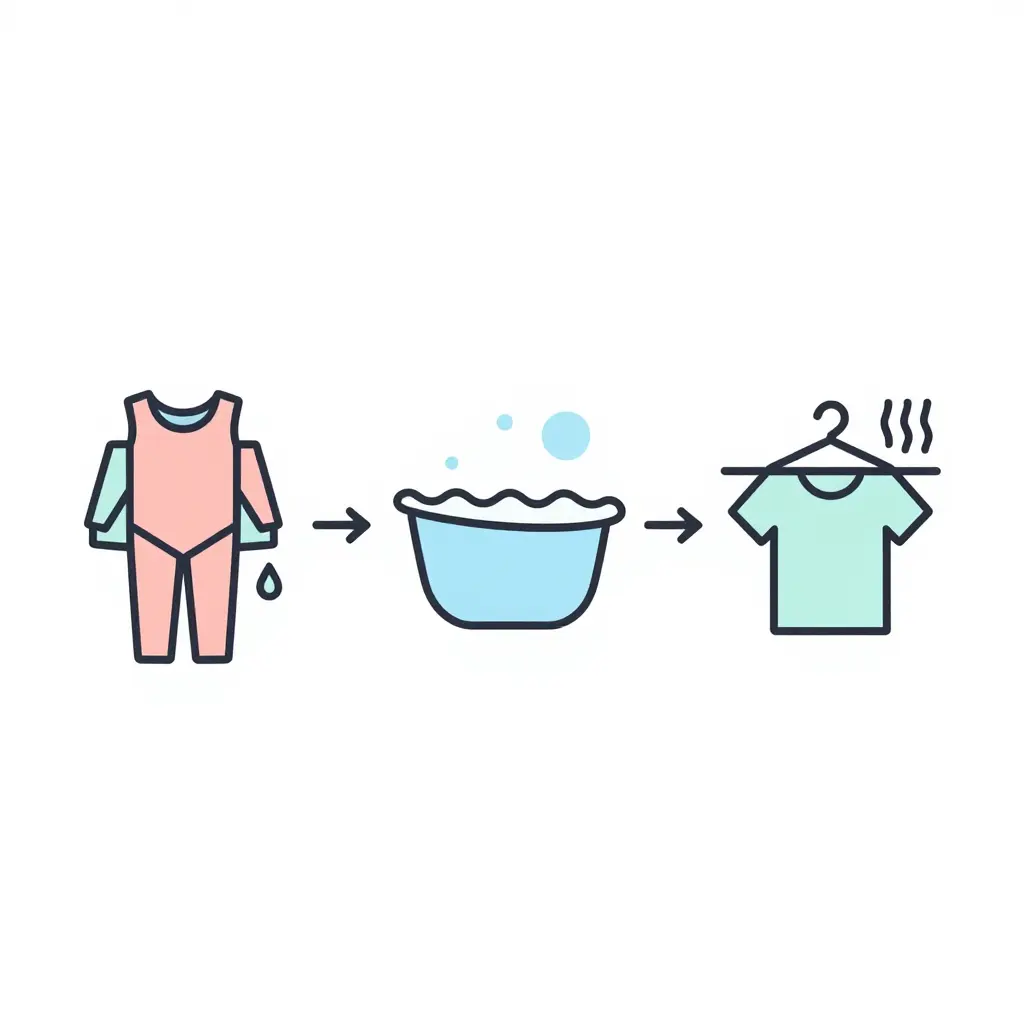 Three-stage flat diagram showing the ballet leotard and tights care flow: Sort and Pre-treat, Wash, and Air-dry, connected by clean arrows with simple icons for each stage