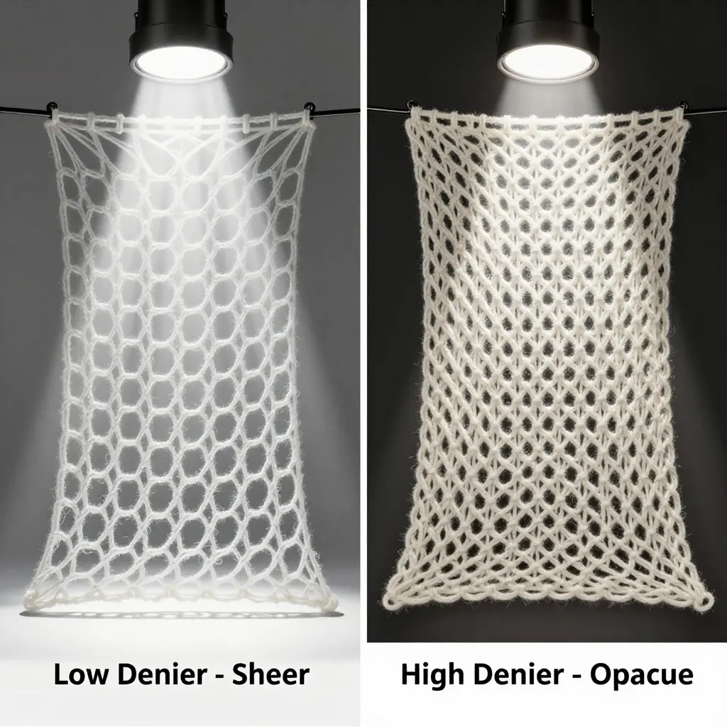 Diagram comparing low-denier sheer yarn with high-denier opaque yarn under a stage spotlight