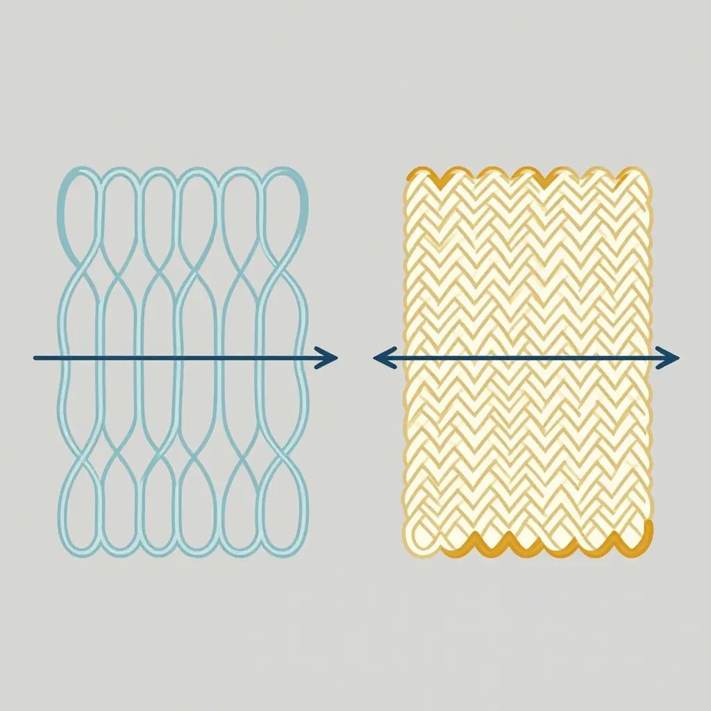 Schematic cross-section diagram comparing fine yarn with wide loop gaps to thick yarn with dense loops, with arrows showing light passing through each