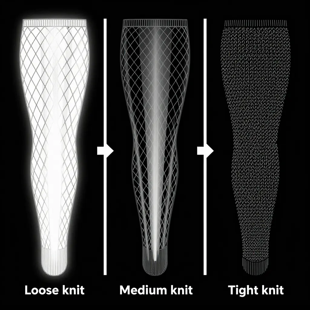 Diagram comparing three ballet tights knit structures: a loose knit with large openings and light passing through, a medium knit with smaller gaps, and a tight knit with dense loops blocking light entirely.