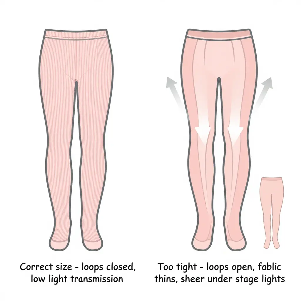 Infographic comparing relaxed ballet tights knit fabric with over-stretched fabric where yarn loops open and light passes through