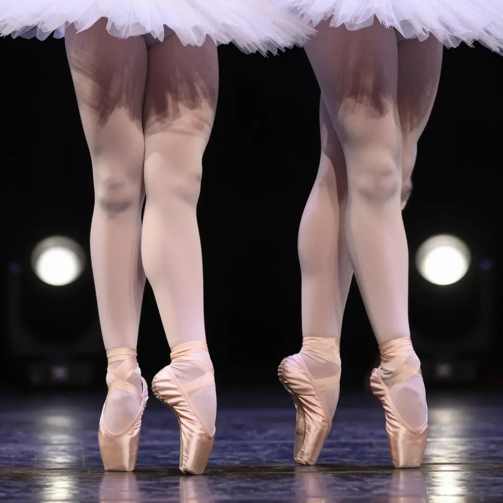 Ballet dancers' legs under stage lights showing sheer pale tights versus layered deeper-tone tights