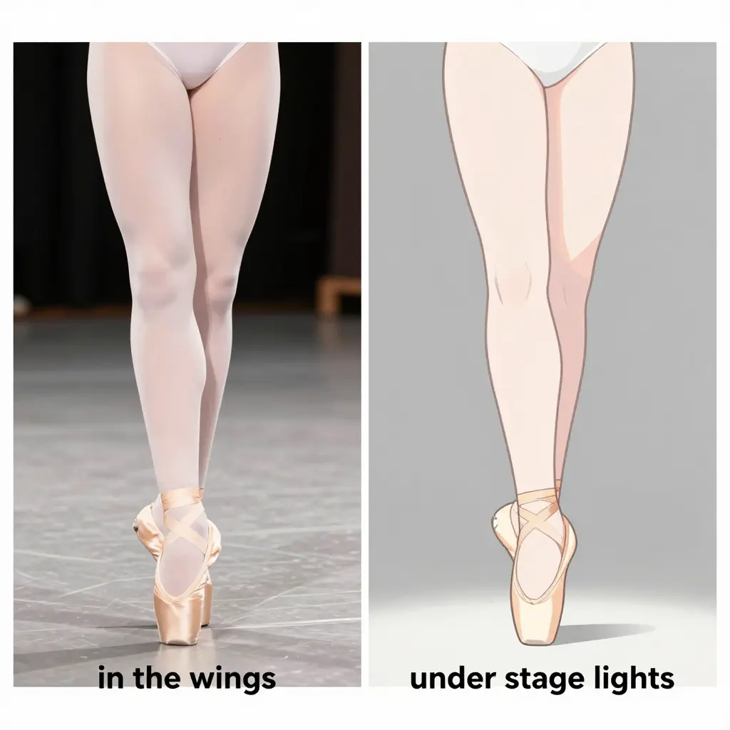 Side-by-side comparison of pale pink ballet tights appearing opaque in dim backstage wing lighting and noticeably sheer under bright theatrical stage lights