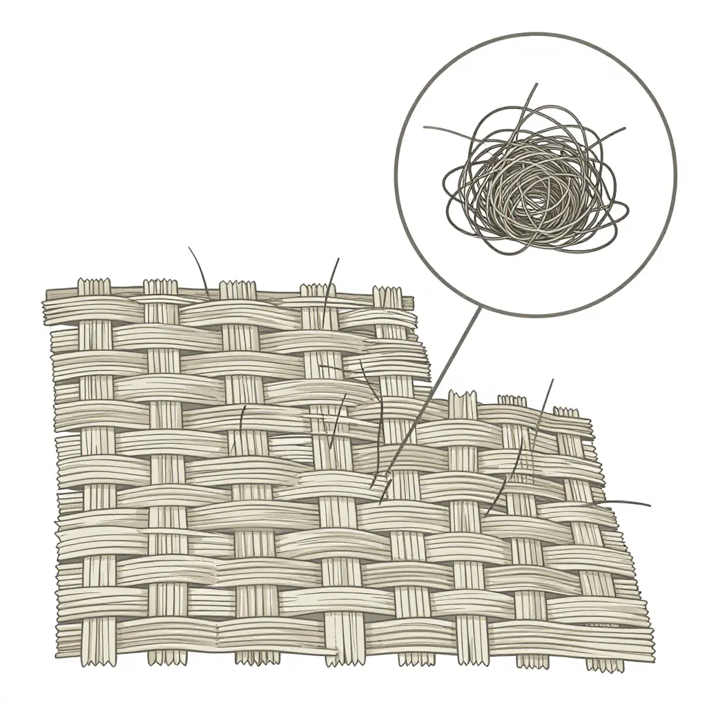 Flat 2D line-art schematic showing a woven leotard fiber blend with interlaced long and short staple fibers, plus a magnified inset circle where loose fiber ends migrate to the surface, tangle, and gather into a round pill.