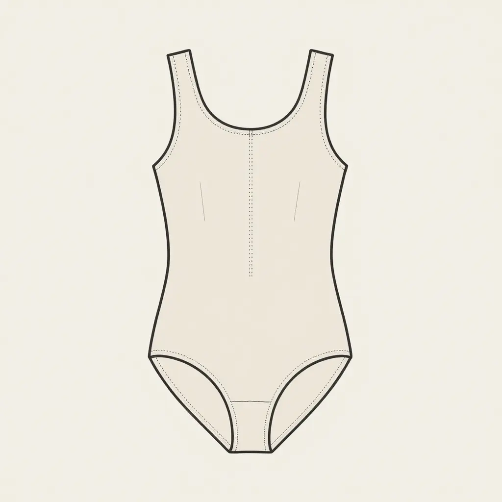 Minimalist flat line diagram of a leotard marking four key seam placements: the gusset at the crotch, the crotch seam, the vertical center back seam, and the two side seams along the edges.