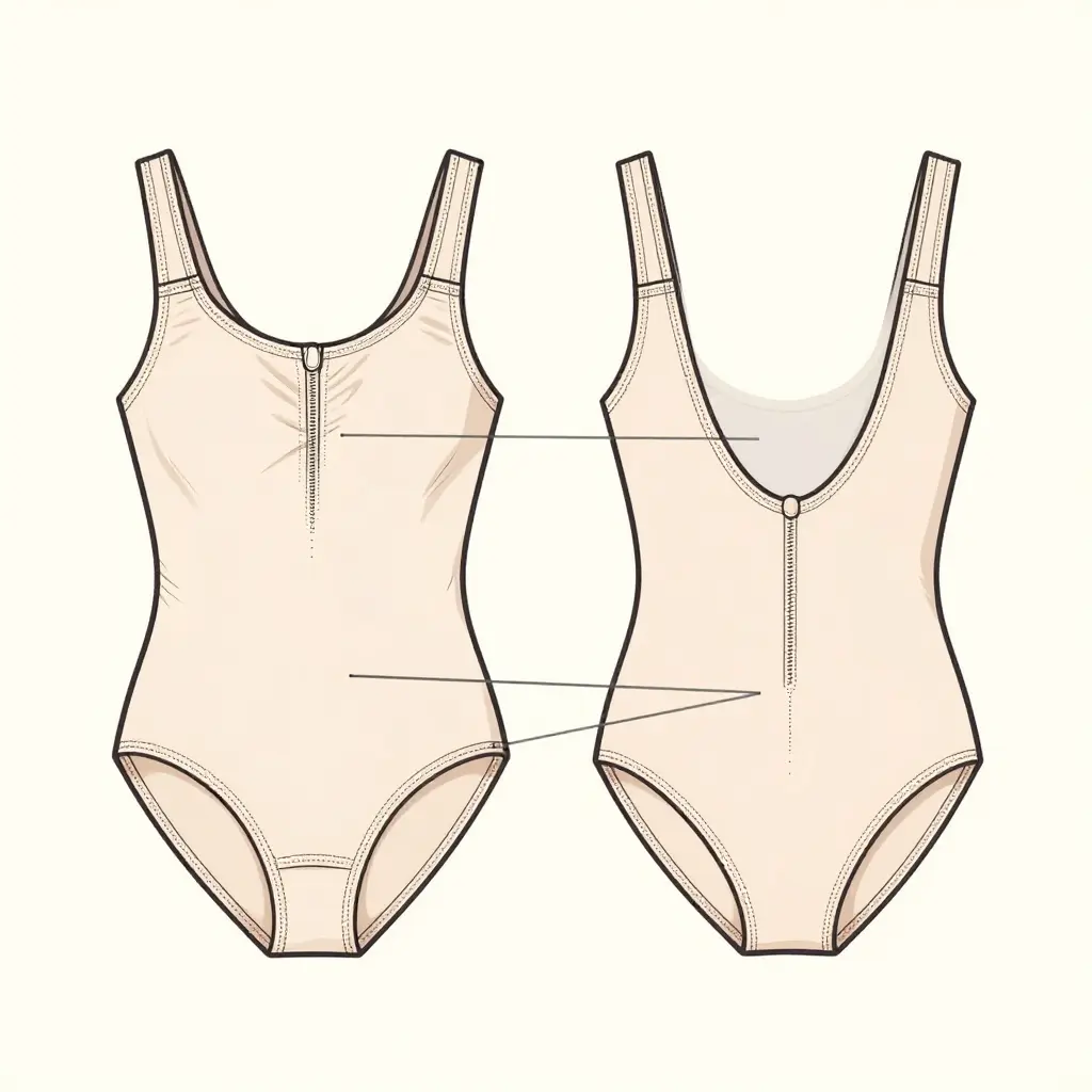 Technical flat illustration of a ballet leotard showing gusset construction and seam placement with labeled callouts.