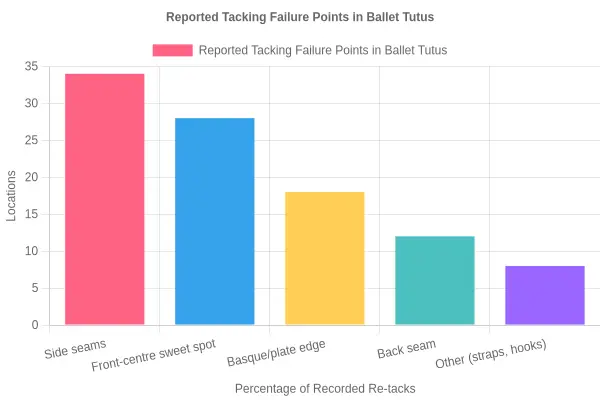 Horizontal bar chart of reported tacking failure points in ballet tutus: side seams 34 percent, front-centre sweet spot 28 percent, basque and plate edge 18 percent, back seam 12 percent, and other points such as straps and hooks 8 percent.