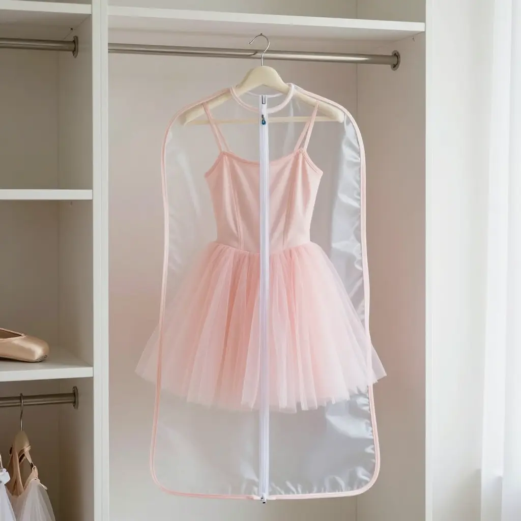 A pink tutu dress on a padded hanger inside a breathable garment bag, with its tulle layers gently supported