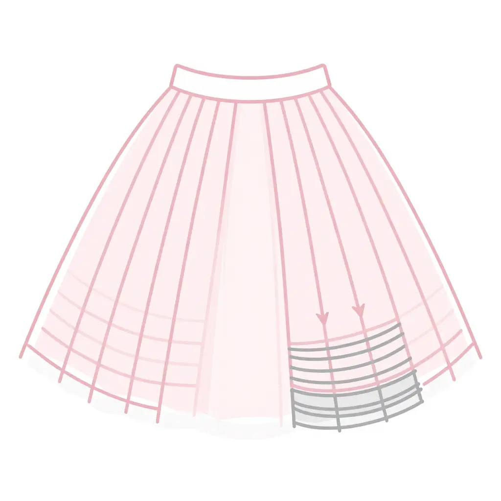 Minimal 2D cross-section schematic of a tutu skirt showing stacked tulle layers fanned out from the waistband, with arrows on one side indicating where downward pressure crushes and compresses the lower layers