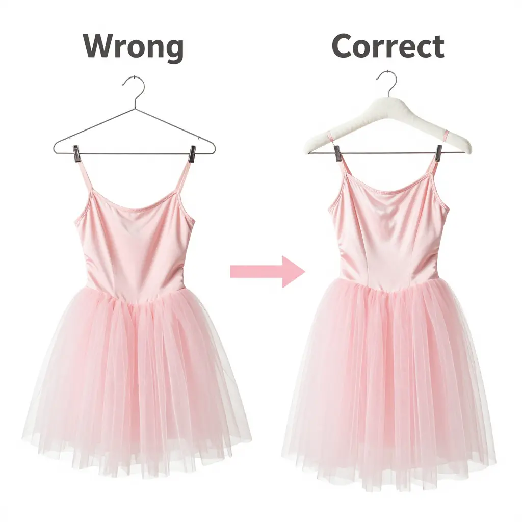 Comparison of a wrong thin clip hanger crushing tulle versus a correct padded wide-shouldered hanger supporting a tutu dress bodice